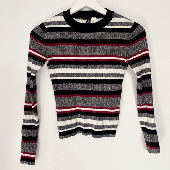 H&M Burgundy/Grey Striped Fine-Knit Top - Picture 1 of 2